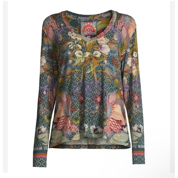 Johnny Was Tops - Johnny Was Womens Aran Flower Favorite Swing Tee Top Long Sleeve Medium V-Neck
